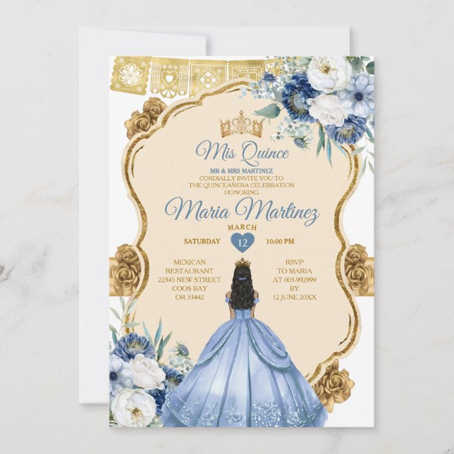 Elegant Dusty Blue Mexican Princess Quinceañera Invitation (Front)