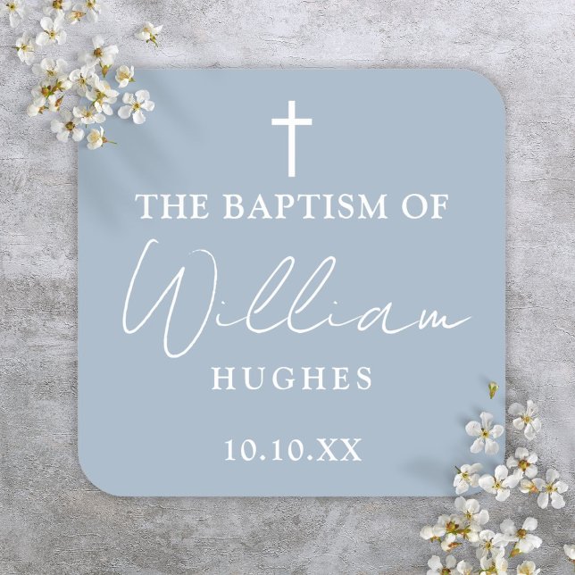 Elegant Dusty Blue Minimalist Baptism Christening Square Sticker (Elegant Dusty Blue Minimalist Baptism Christening Square Sticker)