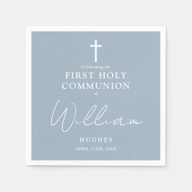 Elegant Dusty Blue Minimalist First Holy Communion Napkin (Front)