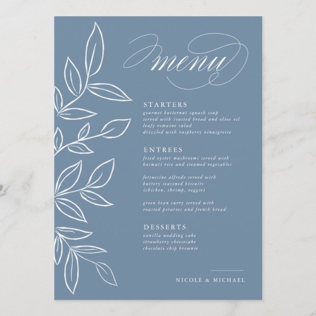 Elegant Dusty Blue Minimalist Leaves Wedding Menu (Front)