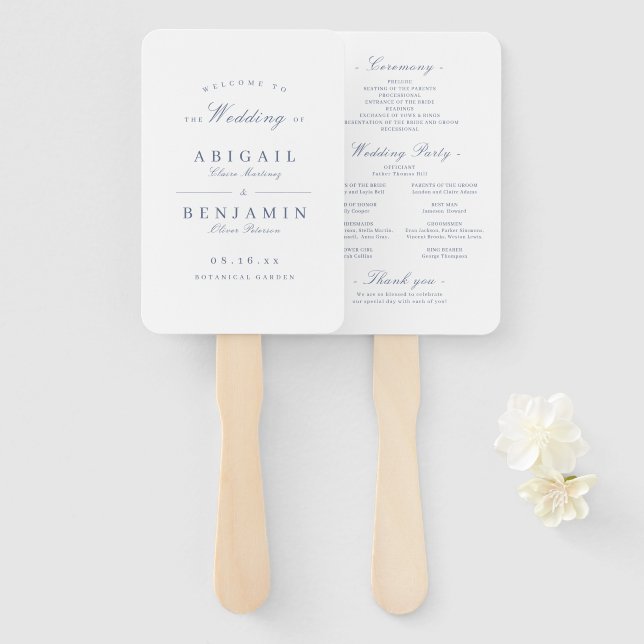 Elegant dusty blue minimalist wedding program hand fan (Front and Back)