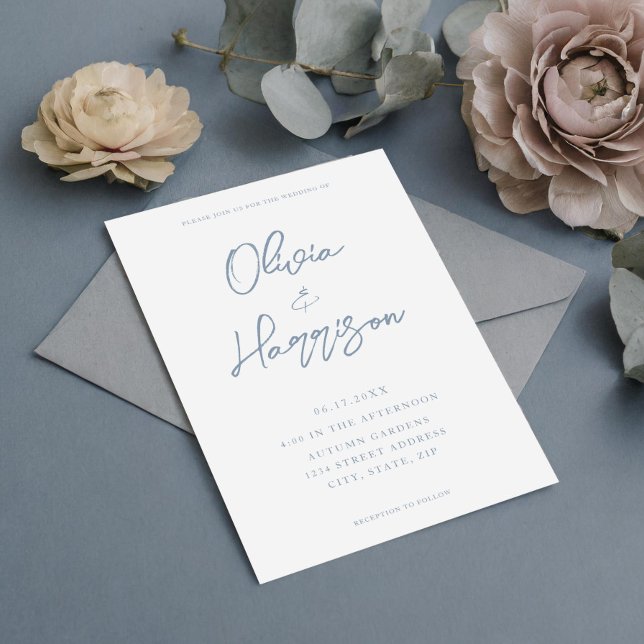 Elegant Dusty Blue Modern Calligraphy Wedding Invitation (Creator Uploaded)