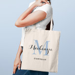 Elegant Dusty Blue Monogram Bridesmaid Tote Bag<br><div class="desc">A serene and sophisticated choice,  this elegant tote features a dusty blue monogram initial layered with a personalized name in flowing script and the bridal party role beneath. The muted blue tone works beautifully with classic,  garden,  and coastal wedding palettes. Name,  initial,  and role are fully customizable.</div>