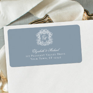 Elegant Dusty Blue Monogram Crest Wedding Address Label