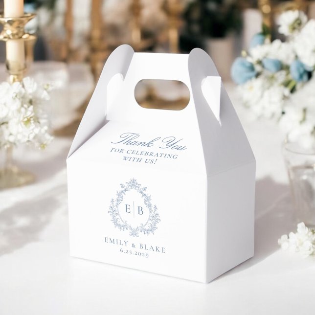 Elegant Dusty Blue Monogram Crest Wedding Favour Box (Creator Uploaded)