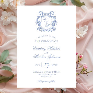 Elegant Dusty Blue Monogram Crest Wedding Invitation