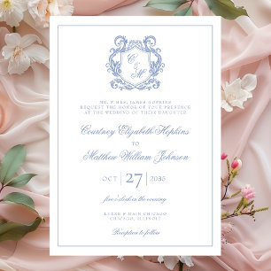 Elegant Dusty Blue Monogram Crest Wedding Invitation
