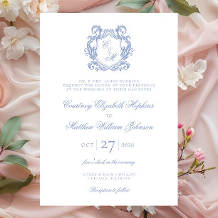 Elegant Dusty Blue Monogram Crest Wedding Invitation