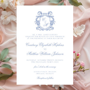 Elegant Dusty Blue Monogram Crest Wedding Invitation