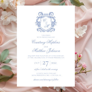 Elegant Dusty Blue Monogram Crest Wedding Invitation