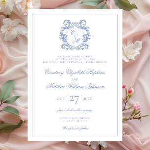 Elegant Dusty Blue Monogram Crest Wedding Invitation