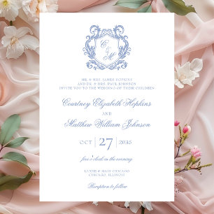 Elegant Dusty Blue Monogram Crest Wedding Invitation