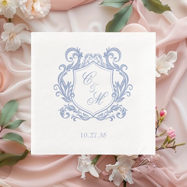 Elegant Dusty Blue Monogram Crest Wedding Napkin (Creator Uploaded)