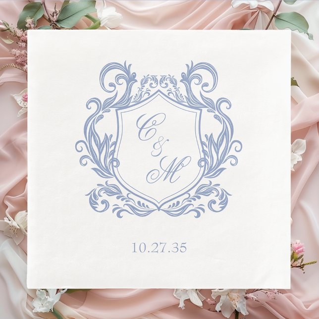 Elegant Dusty Blue Monogram Crest Wedding Napkin (Creator Uploaded)