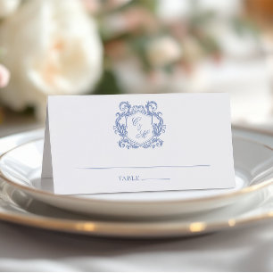 Elegant Dusty Blue Monogram Crest Wedding Place Card