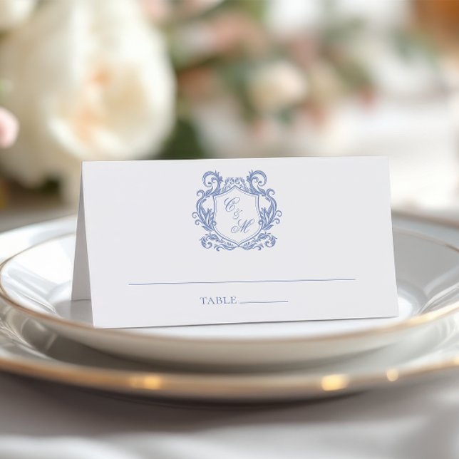 Elegant Dusty Blue Monogram Crest Wedding Place Card (Creator Uploaded)
