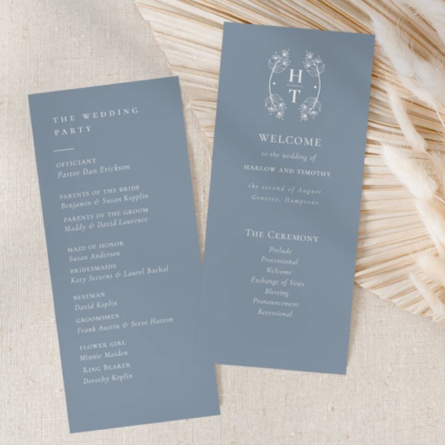 Elegant Dusty blue Monogram Crest Wedding Program (Creator Uploaded)
