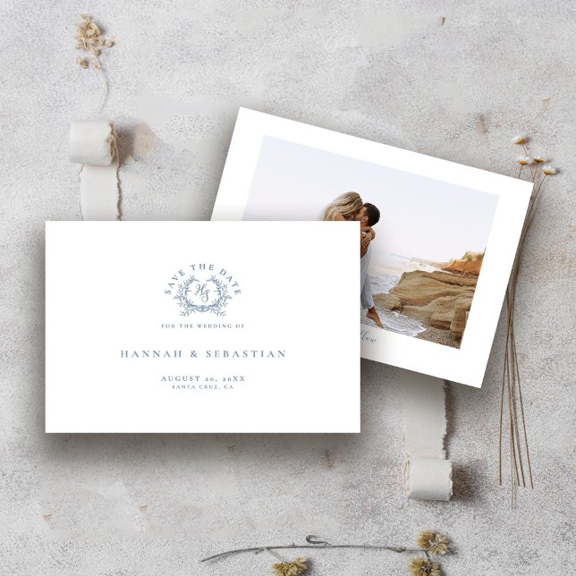 Elegant Dusty Blue Monogram Crest Wedding Save The Date (Creator Uploaded)