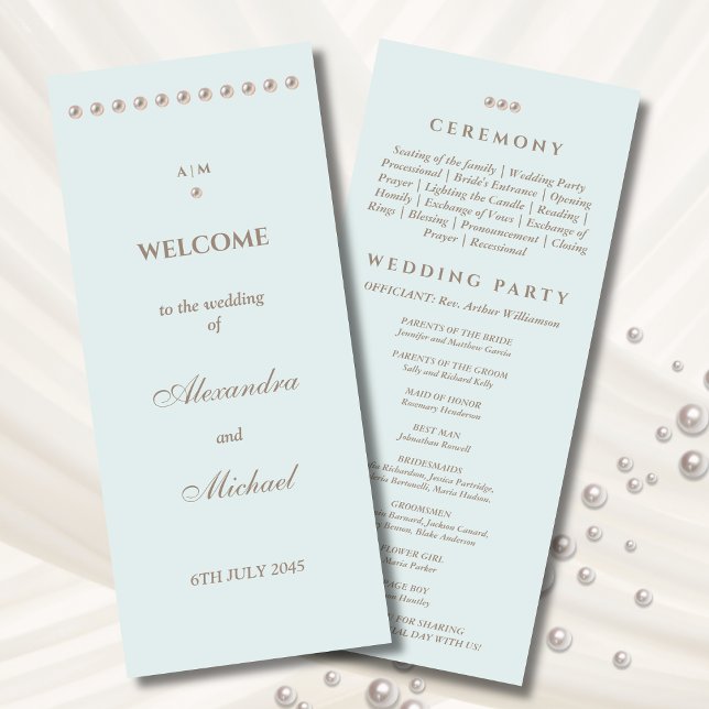 Elegant Dusty Blue Monogram Pearl Wedding Program (Creator Uploaded)