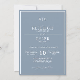 Elegant Dusty Blue Monogram Photo Wedding Invitation