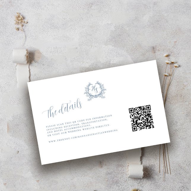 Elegant Dusty Blue Monogram QR Code Details Enclosure Card (Creator Uploaded)