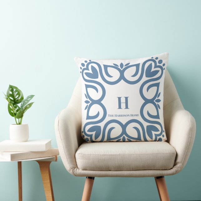 Elegant Dusty Blue Monogram Script Cushion (Chair)