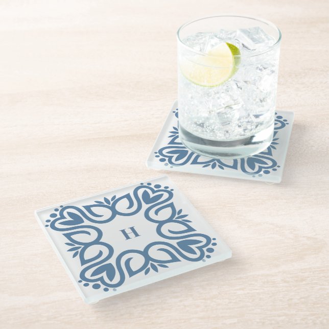 Elegant Dusty Blue Monogram Script Glass Coaster (Angled)