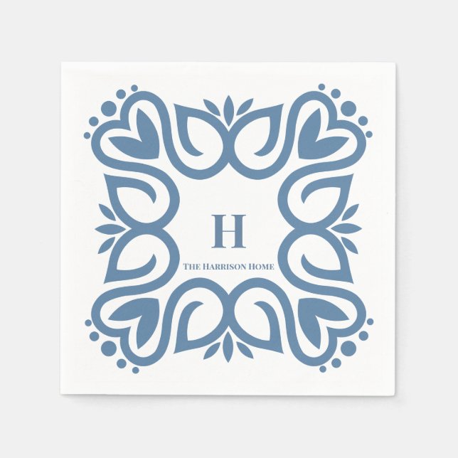 Elegant Dusty Blue Monogram Script Napkin (Front)