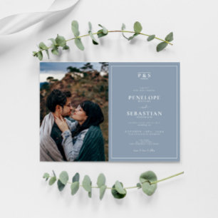 Elegant Dusty Blue Monogram Simple Photo Wedding Invitation