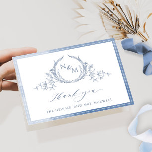 Elegant Dusty Blue Monogram, Watercolor Wedding Th Thank You Card
