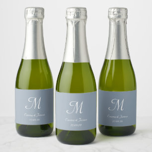 Elegant Dusty Blue Monogram Wedding Favour Mini Sparkling Wine Label