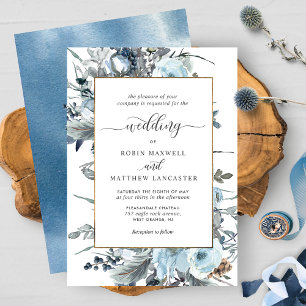 Elegant Dusty Blue, Navy and White Floral Wedding Invitation