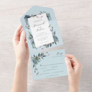 Elegant Dusty Blue Navy Botanical Garden All In One Invitation