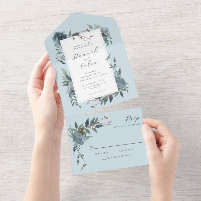 Elegant Dusty Blue Navy Botanical Garden All In One Invitation (Tearaway)