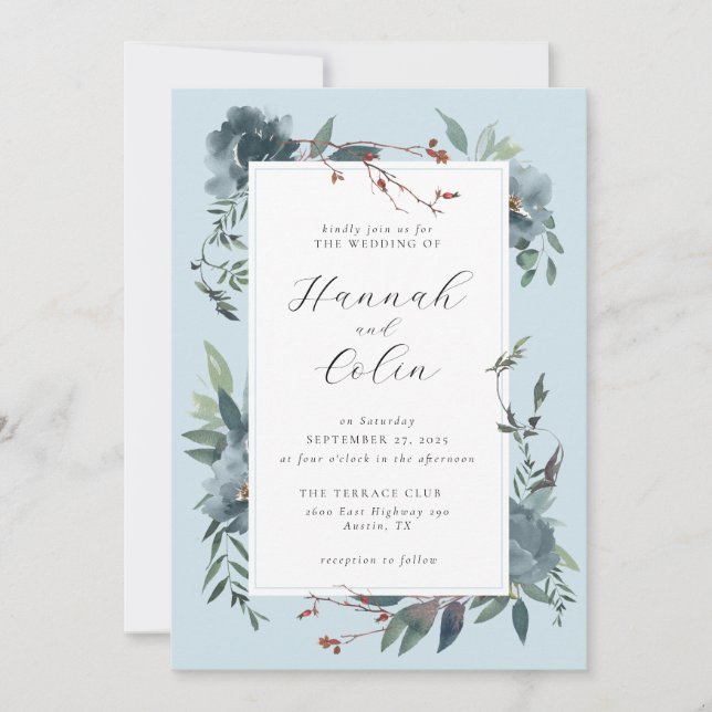 Elegant Dusty Blue Navy Botanical Garden Invitation (Front)