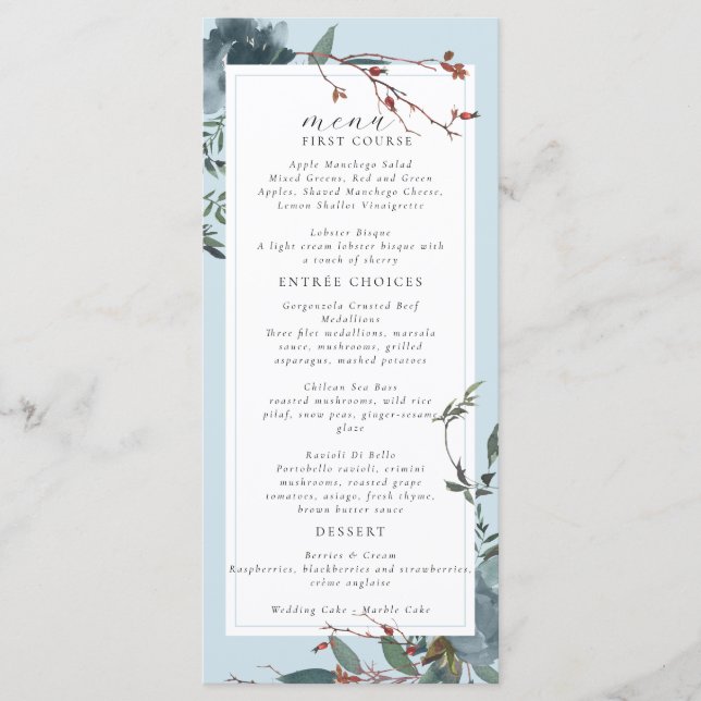 Elegant Dusty Blue Navy Botanical Garden Menu (Front)