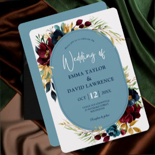 Elegant dusty blue navy burgundy floral wedding invitation