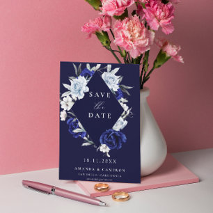 Elegant Dusty Blue Navy Floral Geometric Wedding  Save The Date