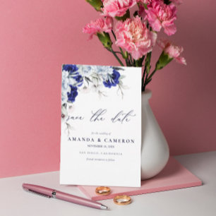 Elegant Dusty Blue Navy Floral QR Code Wedding Save The Date