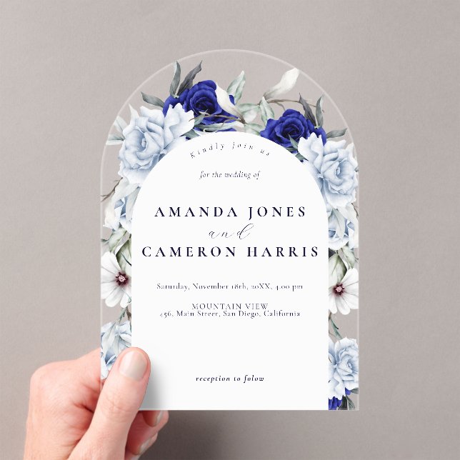 Elegant Dusty Blue Navy Floral Wedding Arch Acrylic Invitations (Insitu (Handheld))