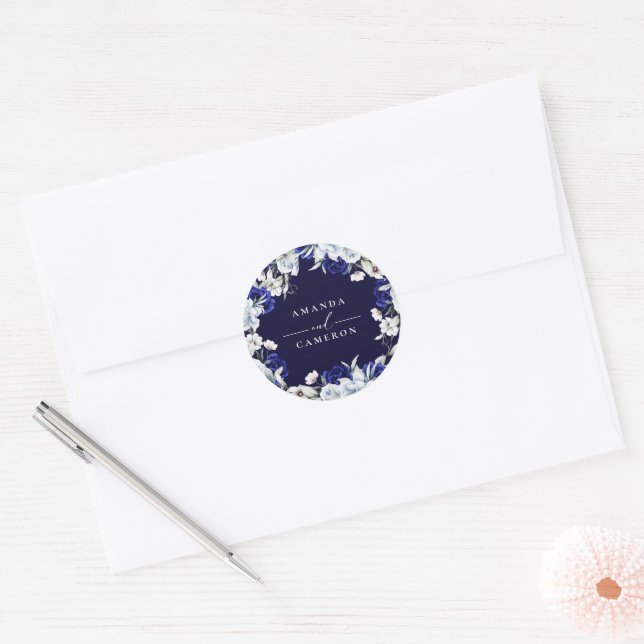 Elegant Dusty Blue Navy Floral Wedding Classic Round Sticker (Envelope)