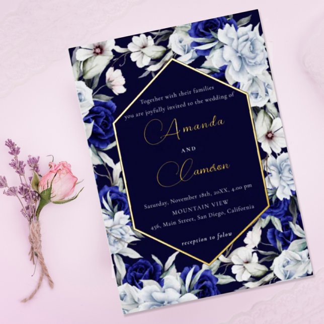 Elegant Dusty Blue Navy Floral Wedding Gold  (Creator Uploaded)