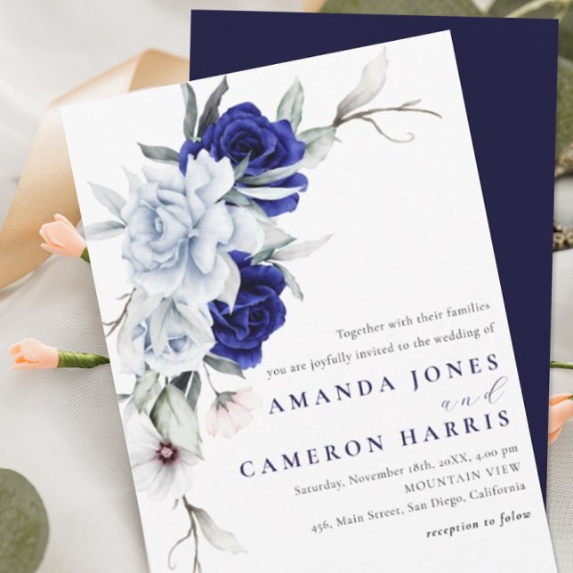 Elegant Dusty Blue Navy Floral Wedding Invitation (Creator Uploaded)