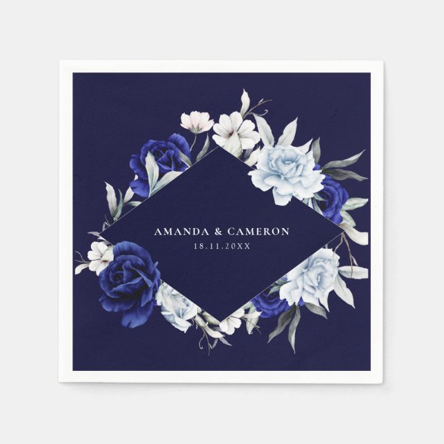 Elegant Dusty Blue Navy Floral Wedding Napkin (Front)