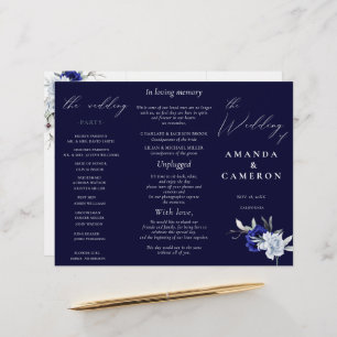 Elegant Dusty Blue Navy Floral Wedding Program