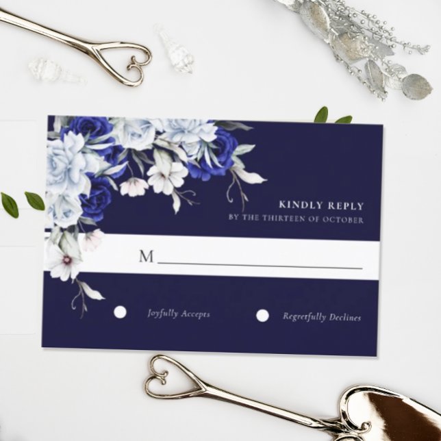 Elegant Dusty Blue Navy Floral Wedding RSVP Card (Creator Uploaded)
