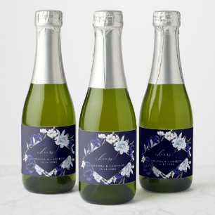 Elegant Dusty Blue Navy Floral Wedding Sparkling Wine Label