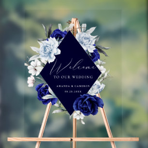 Elegant Dusty Blue Navy Floral Wedding Welcome Acrylic Sign