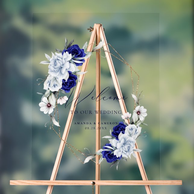 Elegant Dusty Blue Navy Floral Wedding Welcome  Acrylic Sign (Neutral)