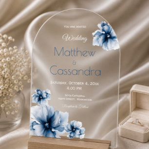 Elegant Dusty Blue Navy Flowers Wedding Acrylic Invitations